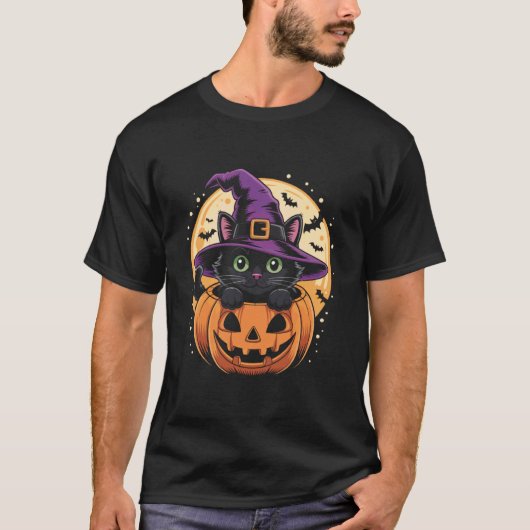 ハロウィン かぼちゃ 黒猫 ギフト 猫 怖い 可愛い Tシャツ (正面)