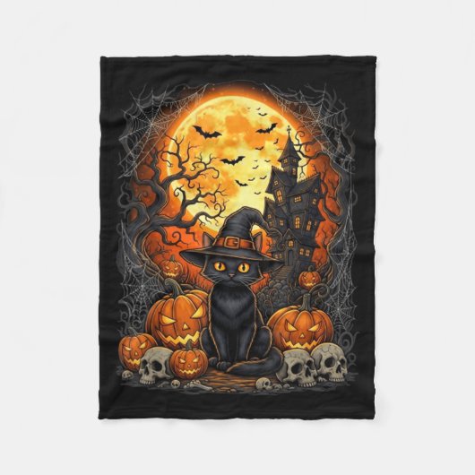 ハロウィン かぼちゃ 黒猫 フリースブランケット (正面)