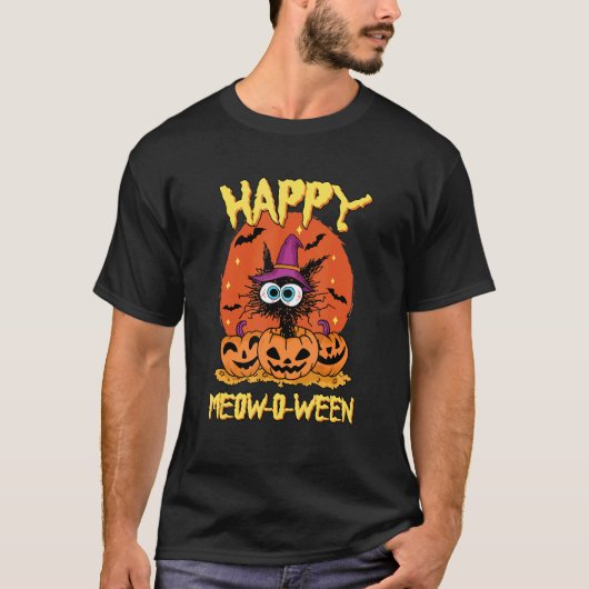 ハロウィン かぼちゃ 黒猫 月 幸せ ニャー Tシャツ (正面)