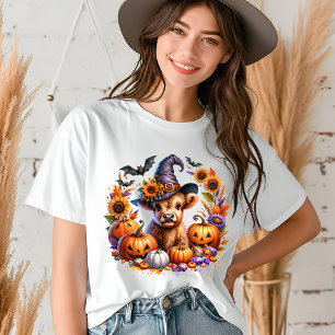 ハロウィン かわいいハイランド・カウ 魔女 帽子 コウモリ かぼちゃ トライブレンドＴシャツ