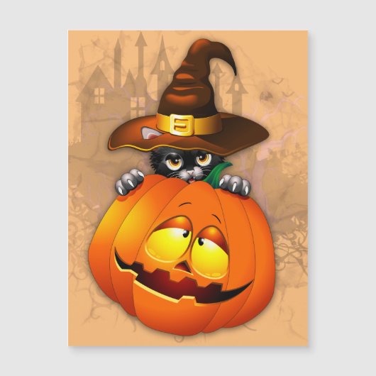 ハロウィン かわいい子猫の魔女とカボチャの友達 (正面)