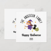 ハロウィン かわいい魔女 ほうきに乗って - 名前入り シーズンカード (正面/裏面)