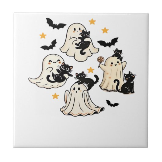 ハロウィン かわいい おばけ コウモリ 黒猫 オーバーサイズ T- タイル (正面)