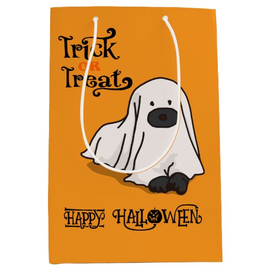 ハロウィン かわいい おばけ ユーモラス おばけ犬 オレンジ ミディアムペーパーバッグ (正面)