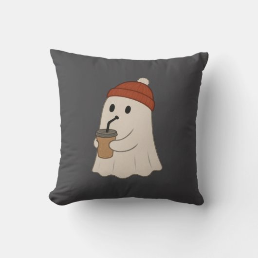 ハロウィン かわいい おばけ 白い幽霊 赤いビーニー クッション (正面)