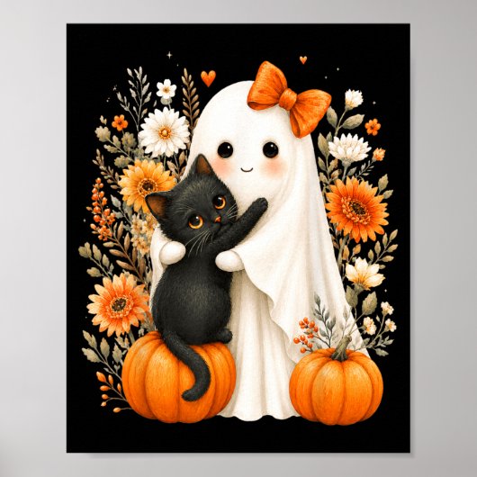 ハロウィン かわいい おばけ 黒猫 かぼちゃ フローラル ポスター (正面)