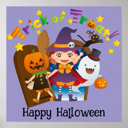 ハロウィン かわいい おもしろい ふざけた 魔女 少女 パープル ポスター (正面)