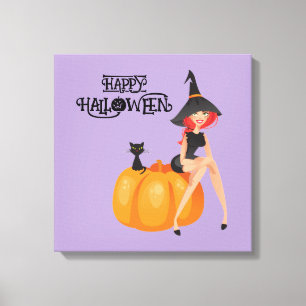 ハロウィン かわいい スプーキー 奇想天外な 魔女 紫 キャンバスプリント