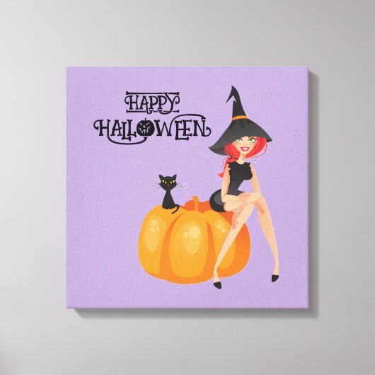 ハロウィン かわいい スプーキー 奇想天外な 魔女 紫 キャンバスプリント (正面)