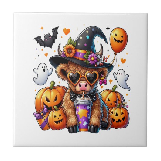 ハロウィン かわいい ハイランド牛 タイル (正面)