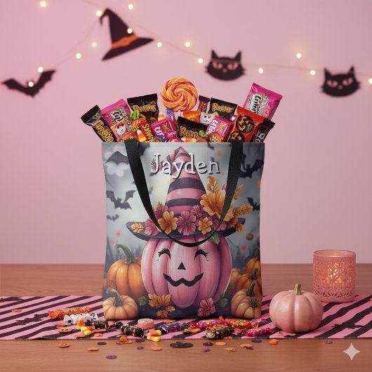 ハロウィン かわいい ピンクのカボチャ 名入れ トートバッグ