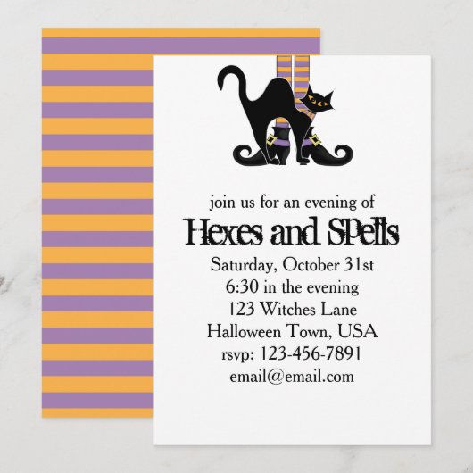 ハロウィン かわいい ファンシー 魔女の靴 黒猫 招待状 (正面/裏面)