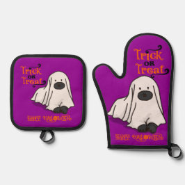 ハロウィン かわいい ホイッスル ゴースト ドッグ パープル 鍋つかみ&鍋敷きセット