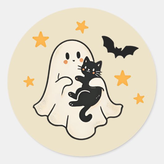 ハロウィン かわいい 浮遊するおばけと黒猫 ラウンドシール (正面)