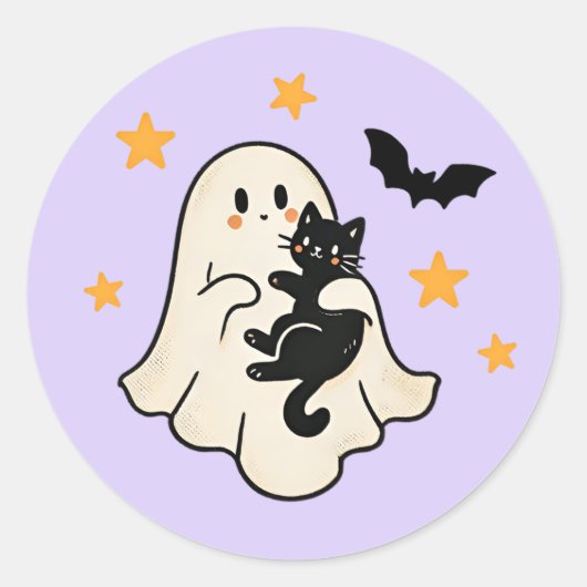 ハロウィン かわいい 浮遊する幽霊と黒猫 ラウンドシール (正面)