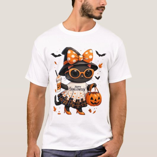 ハロウィン かわいい 猫 � カボチャと魔女猫 Tシャツ (正面)