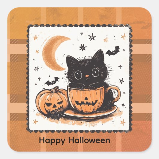 ハロウィン かわいい 猫 パンプキン スクエアシール (正面)