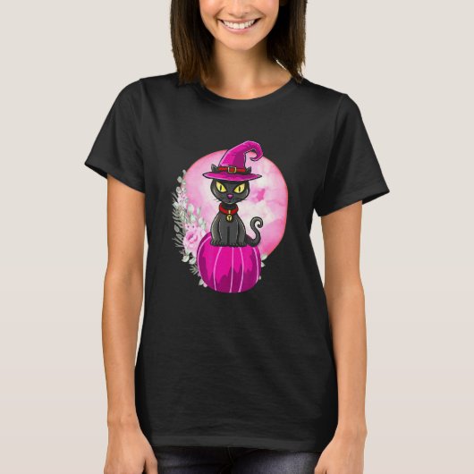 ハロウィン かわいい 黒猫 かぼちゃ 満月 女性 Tシャツ (正面)