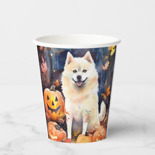 ハロウィン アメリカン・アキタ と カボチャ 怖い 紙コップ (正面)