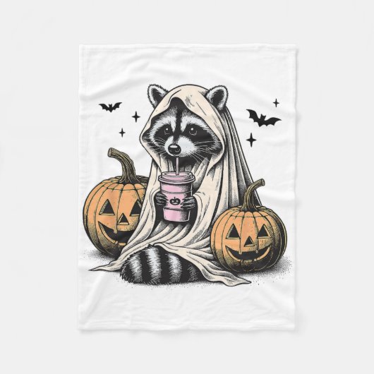 ハロウィン・アライグマ・ゴースト フリースブランケット (正面)