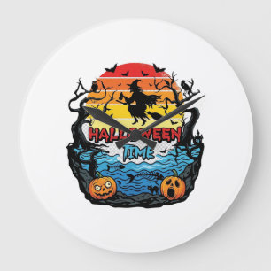 ハロウィン+ウィッチ+カボチャ+コウモリ+夕焼け_1 ラージ壁時計