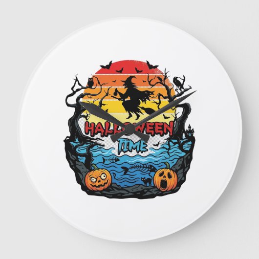 ハロウィン+ウィッチ+カボチャ+コウモリ+夕焼け_1 ラージ壁時計 (正面)