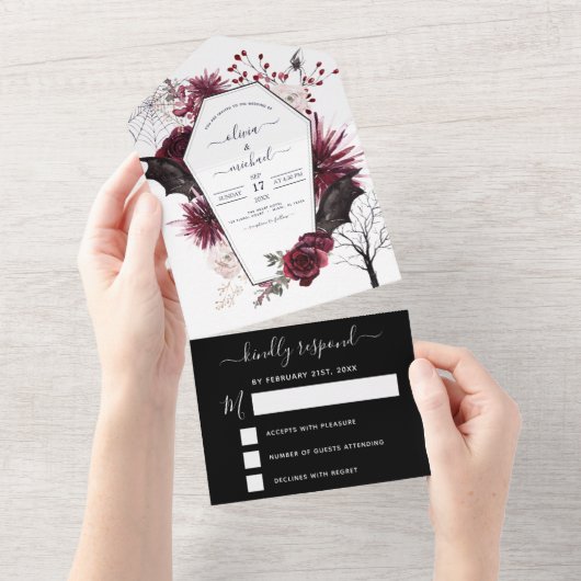 ハロウィン ウェディング オータム フォール ダーク バーガンディ ブラック オールインワン招待状 (貼ってはがせる)