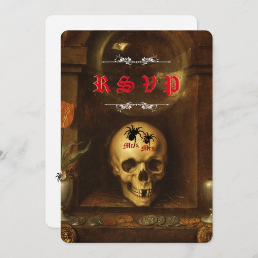 ハロウィン ウェディング ゴス, スカル, クモ RSVP カード (正面/裏面)