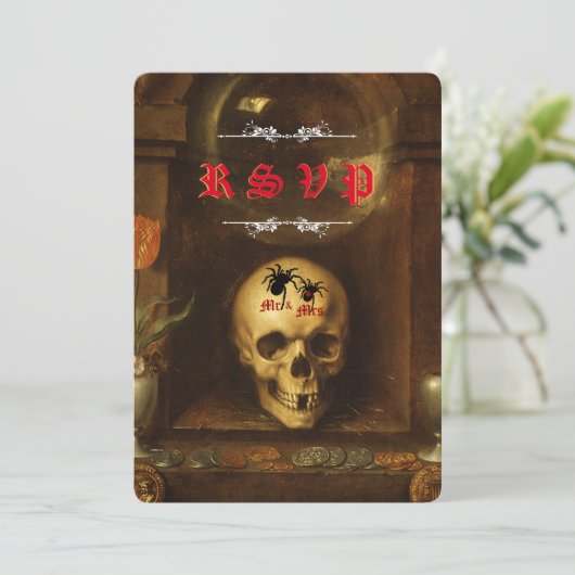 ハロウィン ウェディング ゴス, スカル, クモ RSVP カード (スタンド正面)