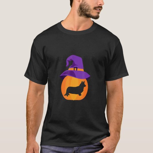 ハロウィン ウェルシュコーギー パンプキン 魔女 帽子 Tシャツ (正面)