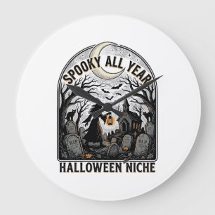 ハロウィン+エブリデイ+Tシャツ+スプーキー+オールイヤーデザイン_1 ラージ壁時計