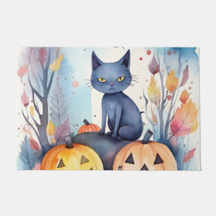 ハロウィン オリエンタルブルー 猫 と カボチャの怖いデザイン ドアマット