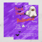ハロウィン オリジナル デザイン かわいい おばけ 犬 紫色 招待状 (正面/裏面)