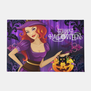 ハロウィン オリジナル デザイン かわいい 魔女 紫 ドアマット