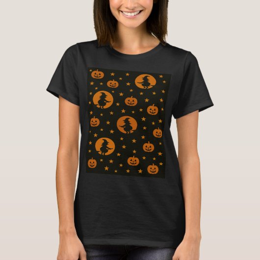ハロウィン オレンジ空飛ぶ魔女とかぼちゃ Tシャツ (正面)
