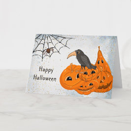 ハロウィン オレンジ色のかぼちゃ クロウ スパイダー ウェブ カード