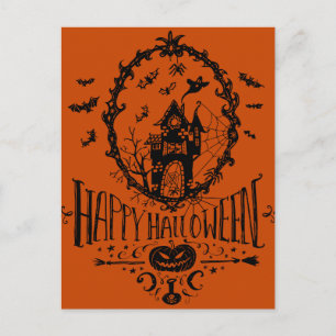 ハロウィン オレンジ色の家の線画 ポストカード
