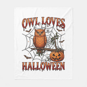 ハロウィン オレンジ クモの巣 カボチャを愛するフクロウ_1 フリースブランケット