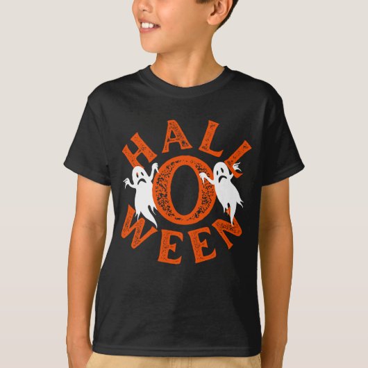 ハロウィン オレンジ タイポグラフィ 幽霊 Tシャツ (正面)