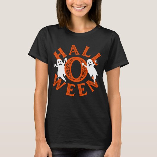 ハロウィン オレンジ タイポグラフィ 幽霊 Tシャツ (正面)