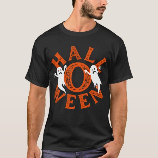 ハロウィン オレンジ タイポグラフィ 幽霊 Tシャツ (正面)