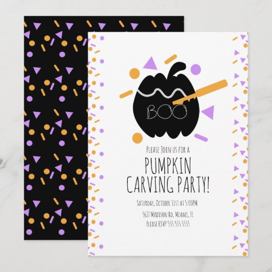 ハロウィン カボチャの彫刻 ブラックカボチャ くす玉 招待状 (正面/裏面)