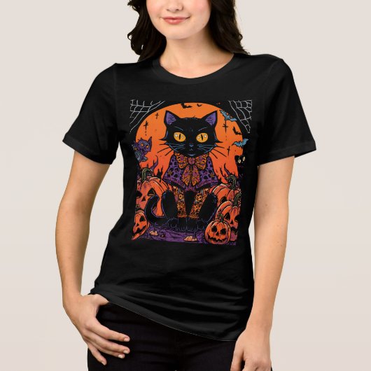 ハロウィン,カボチャ畑の徘徊者,黒猫 トライブレンドTシャツ (正面)