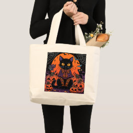 ハロウィン,カボチャ畑の徘徊者,黒猫 ラージトートバッグ