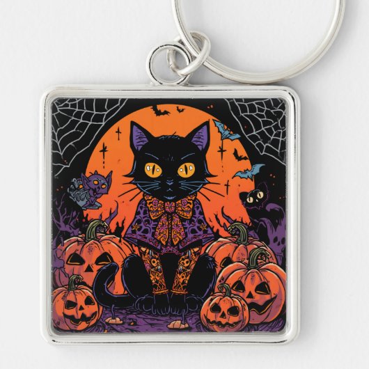 ハロウィン,カボチャ畑をうろつく者,黒猫 キーホルダー (正面)