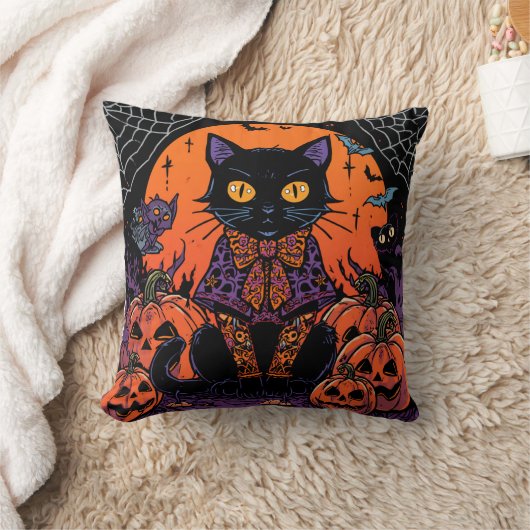 ハロウィン,カボチャ畑をうろつく者,黒猫 クッション (ブランケット)