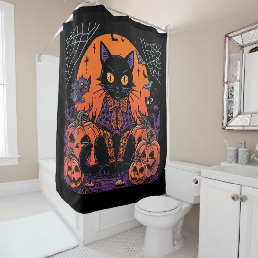 ハロウィン,カボチャ畑をうろつく者,黒猫 シャワーカーテン (インサイチュ)