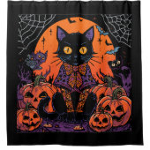 ハロウィン,カボチャ畑をうろつく者,黒猫 シャワーカーテン (正面)