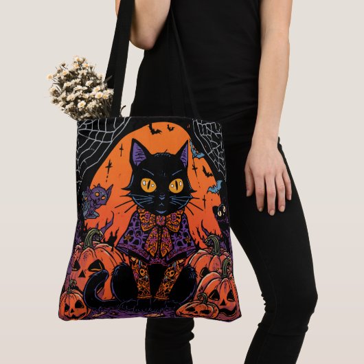 ハロウィン,カボチャ畑をうろつく者,黒猫 トートバッグ (クローズアップ)