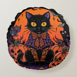 ハロウィン,カボチャ畑をうろつく者,黒猫 ラウンドクッション
